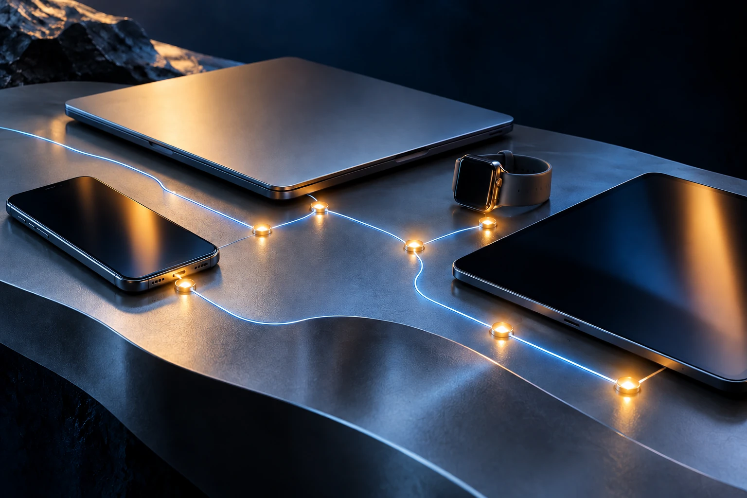 A phone, tablet, notebook and watch sit beside a blue connection with seven illuminated junctions, representing the new security credits.