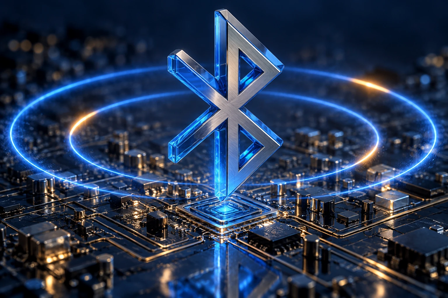 A titanium and blue-glass Bluetooth symbol rises above radio circuitry, surrounded by two illuminated signal rings.