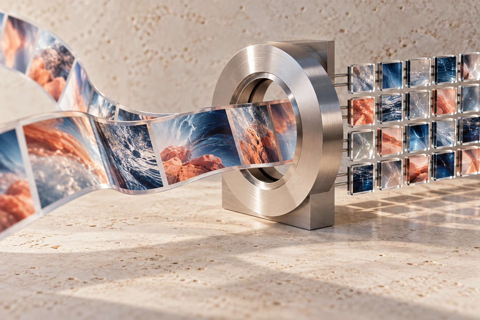 A ribbon of image frames passes through a machined aperture into an orderly array of separate glass tiles.